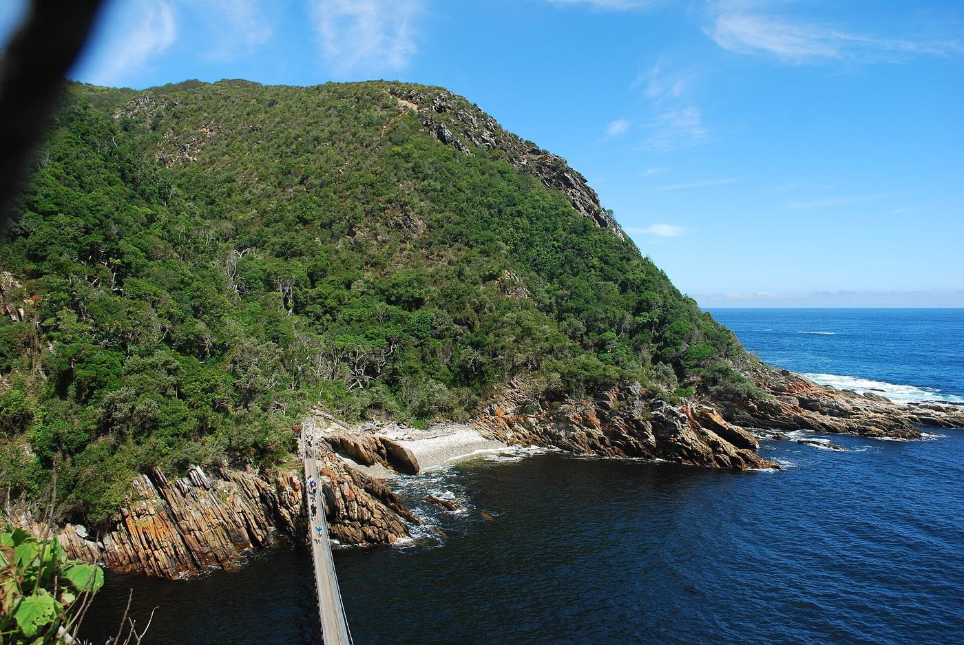 Die Hängebrücke über die Mündung des Storms River im Tsitsikamma Nationalpark, dahinter bewaldete Klippen und der Indische Ozean